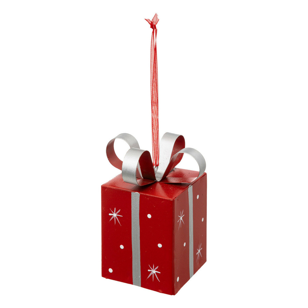 Déco de sapin paquet cadeau en métal rouge et argent
