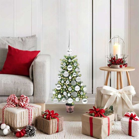 Sapin de noël de table 65 cm complet, vert avec 150 lumières led blanc chaud et 61 boules