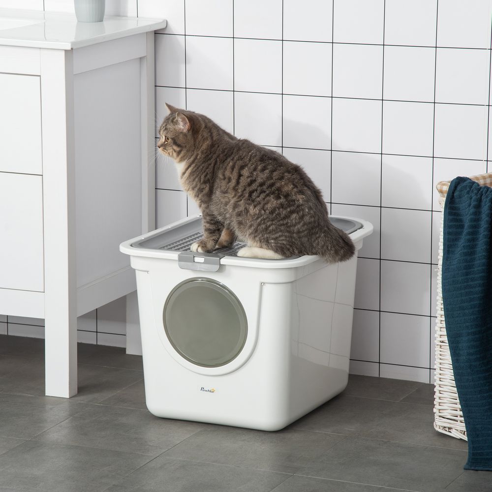 Maison toilette chat plastique double porte anti-odeur pelle 55x44cm gris blanc