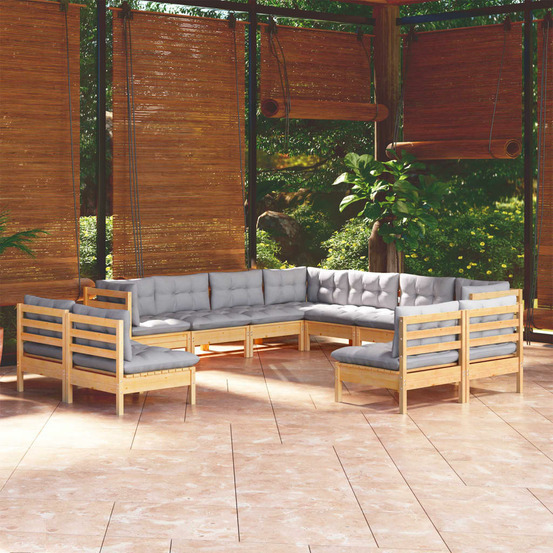 Salon de jardin 11 pcs avec coussins gris bois de pin solide