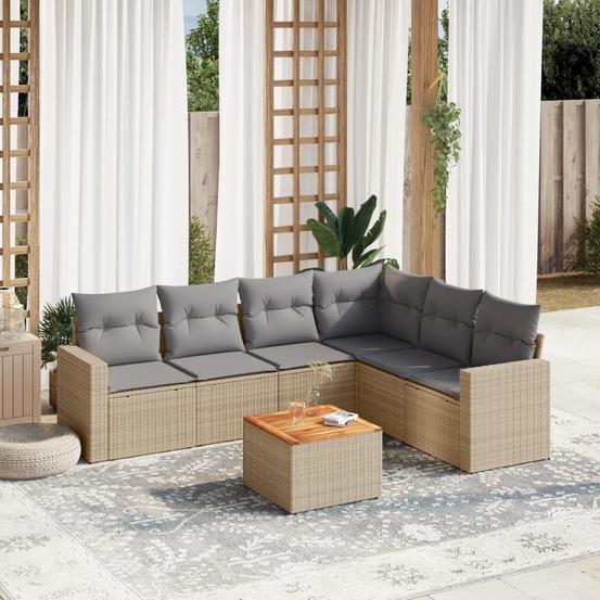 Salon de jardin avec coussins 7 pcs beige résine tressée