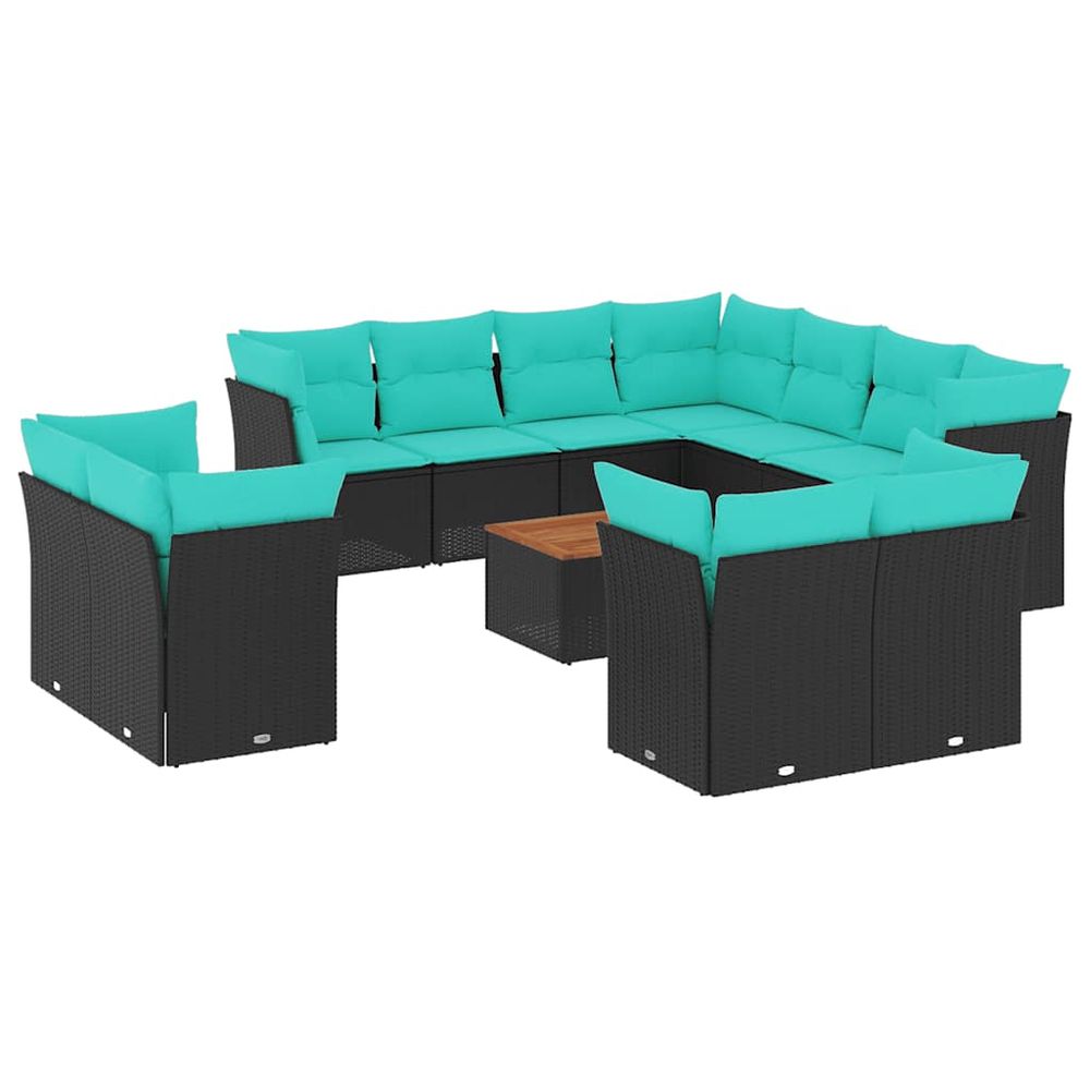 Salon de jardin avec coussins 12 pcs noir résine tressée