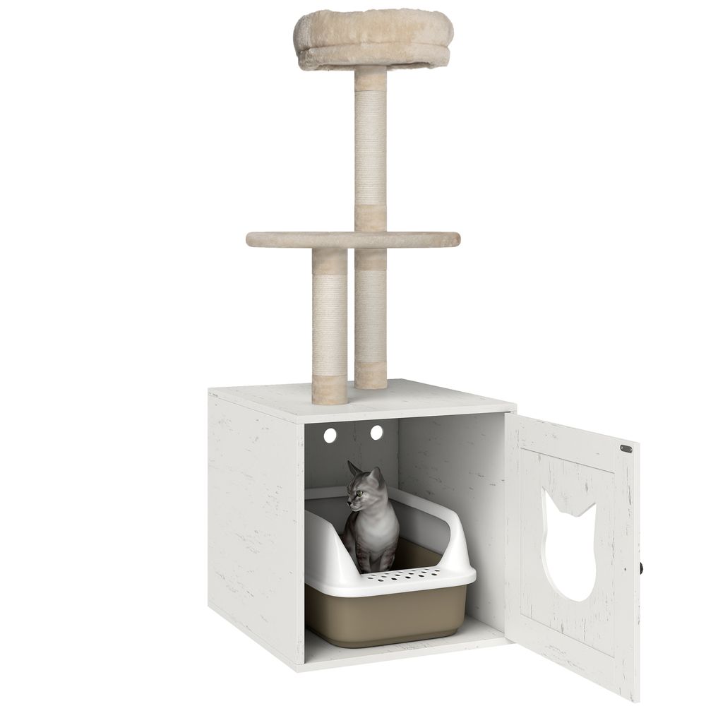 Arbre à chat meuble cache-litière mdf peluche griffoir repos 129cm crème