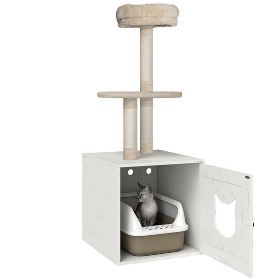 Arbre à chat meuble cache-litière mdf peluche griffoir repos 129cm crème