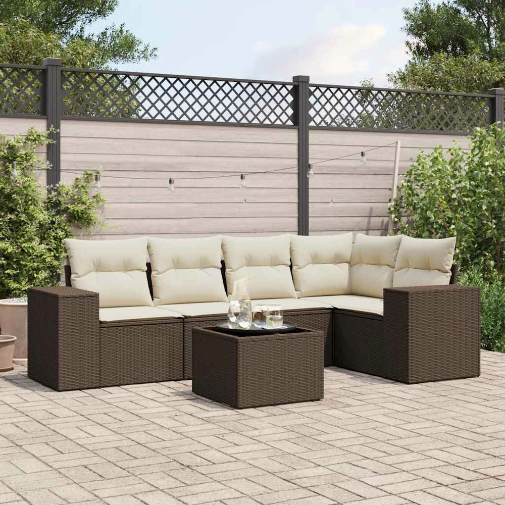 Salon de jardin avec coussins 6 pcs marron résine tressée