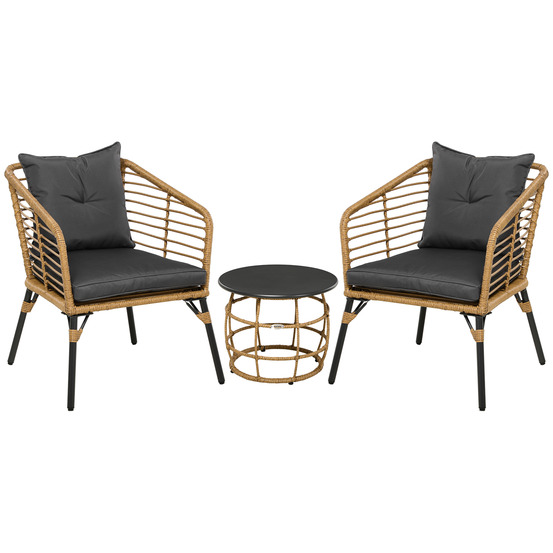 Salon jardin 3 pièces rotin: table basse +2 chaises, bistro avec coussins, mobilier balcon sable/gris foncé