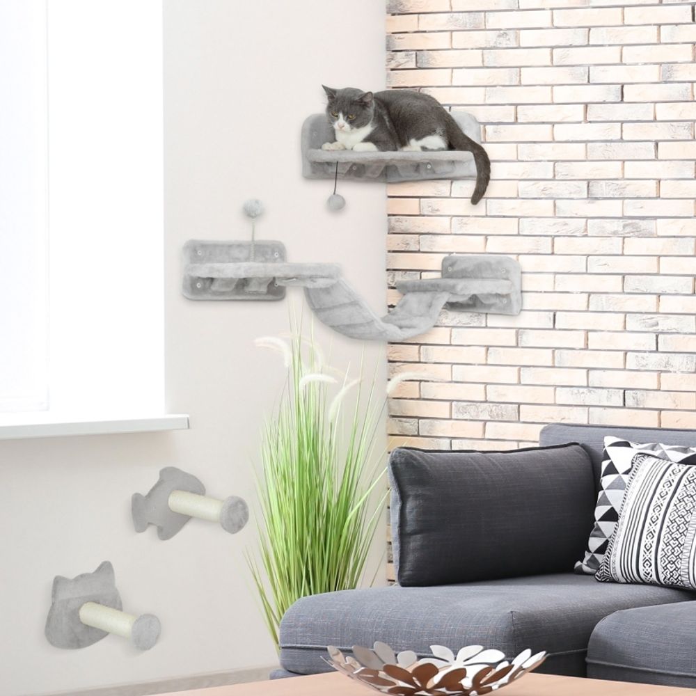 Parcours mural chat 4 pièces bois peluche gris clair griffoir pont - comfortxl pet living