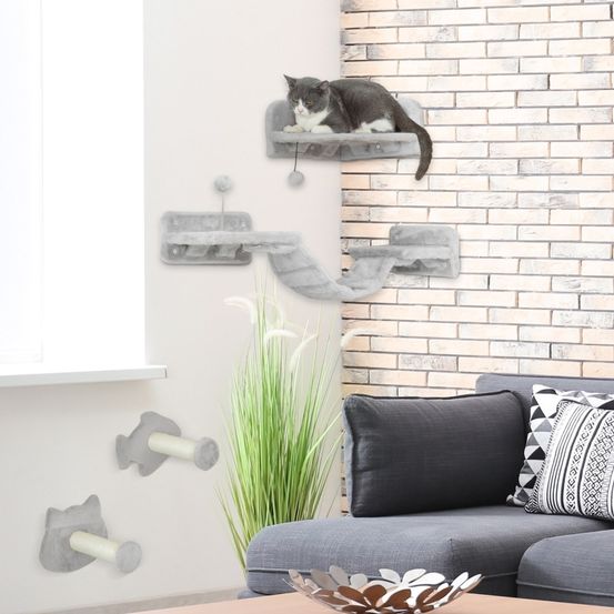 Parcours mural chat 4 pièces bois peluche gris clair griffoir pont - comfortxl pet living
