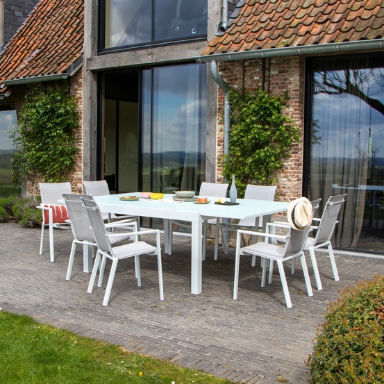 Ensemble whitestar 8/12p en aluminium blanc et verre blanc avec 8 fauteuils en textilène