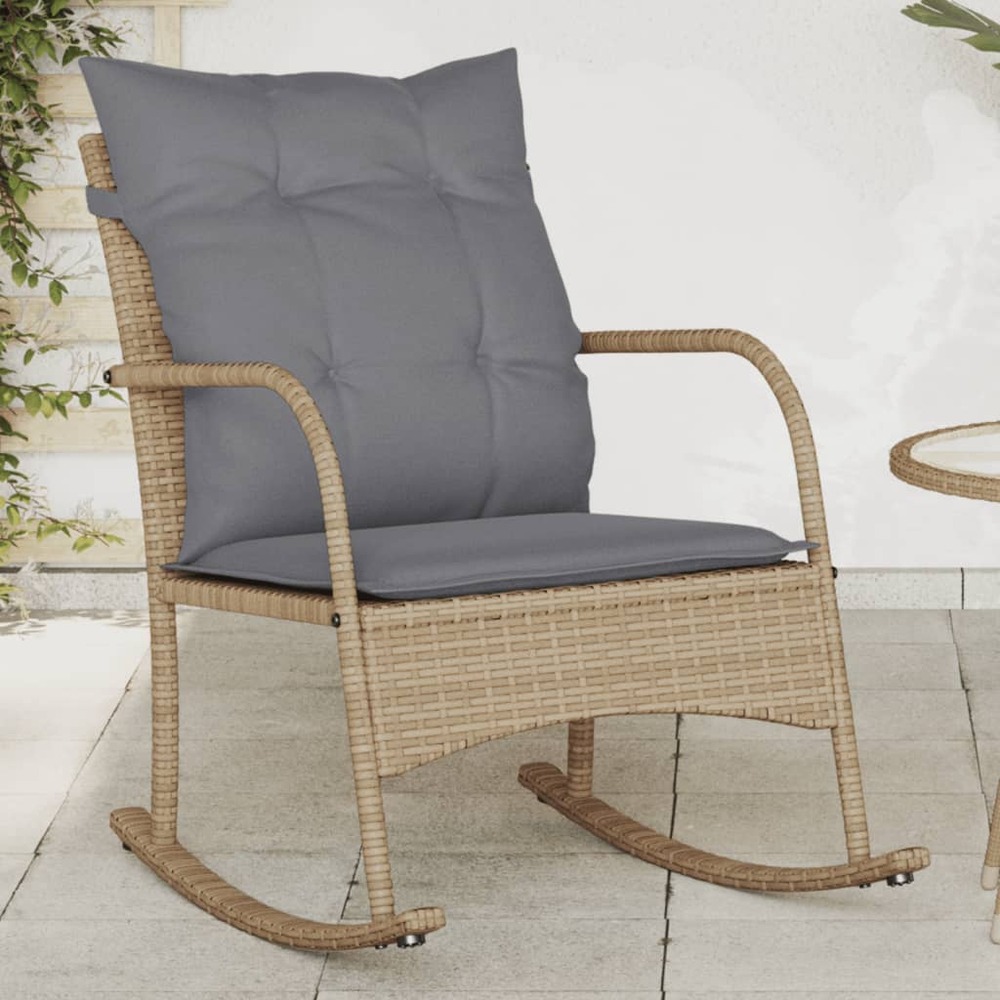 Chaise à bascule de jardin avec coussins beige résine tressée