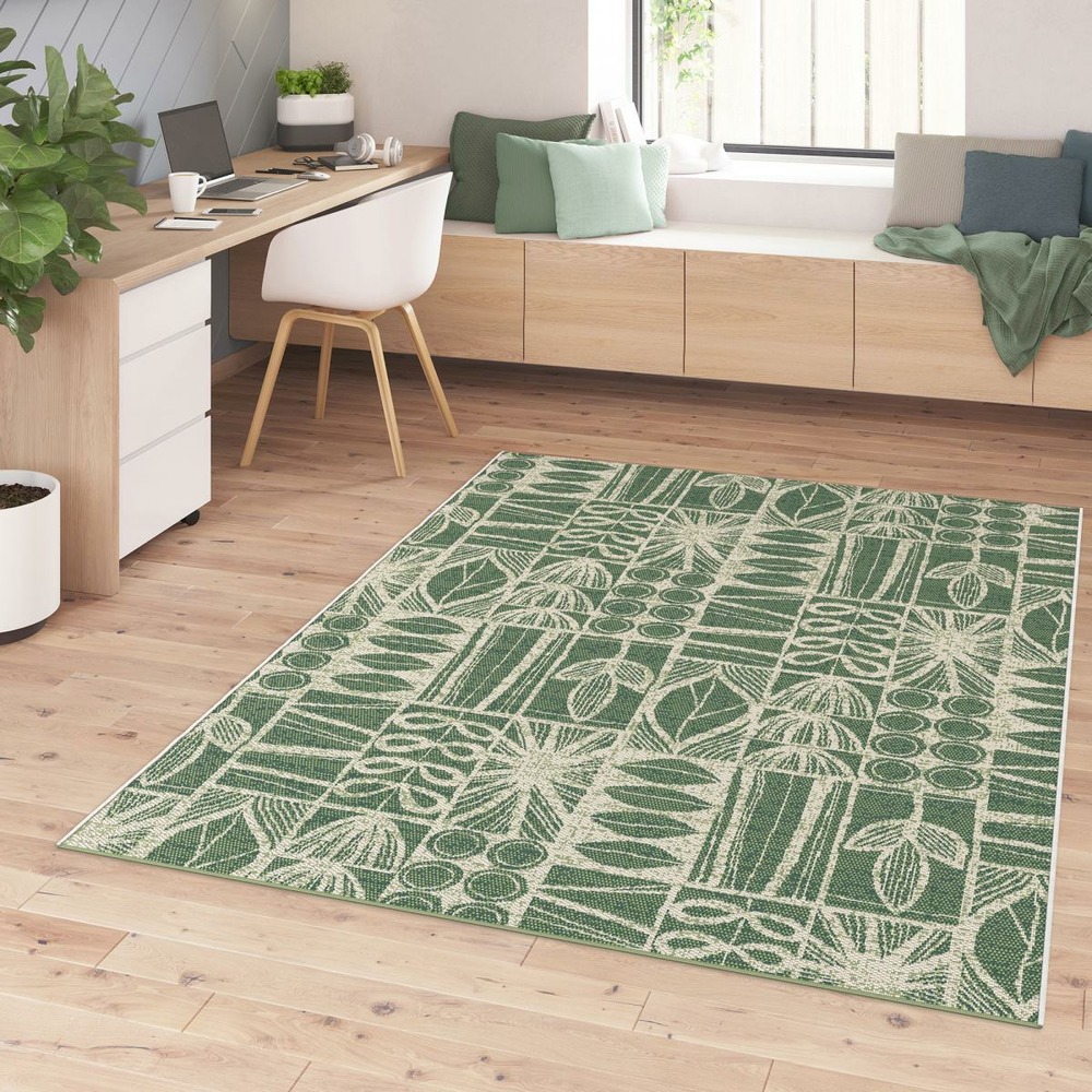 Tapis extérieur 80x150 tissé kilim vert et crème casada 1