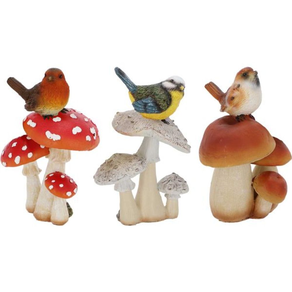 Champignons assortis avec oiseau en polyrésine (lot de 3) taille s