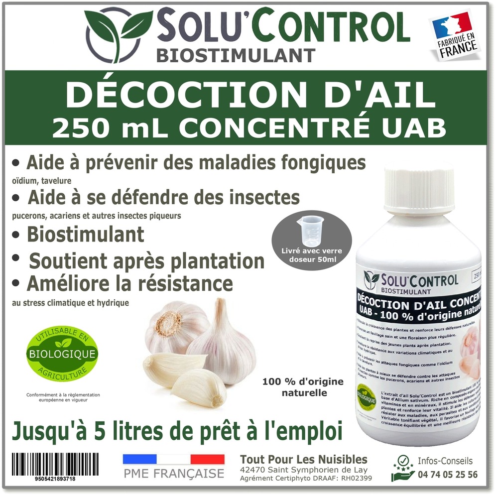 Décoction d’ail solu’control – 250 ml concentré uab – biostimulant – aide à prévenir les maladies fongiques