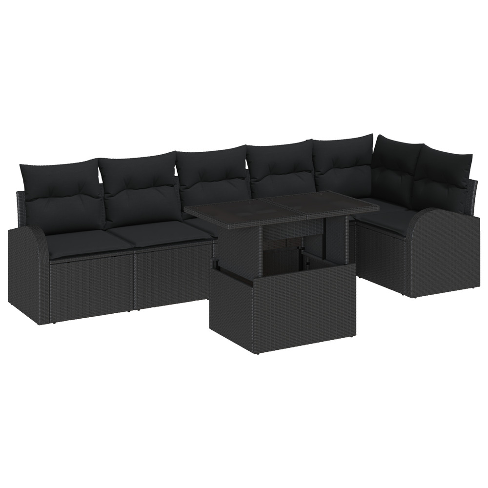 Ensemble de canapé de jardin 7 pièces avec coussins noir en poly rattan