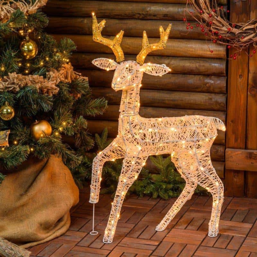 Jeune renne lumineux 3d h85cm 160 led ambré fixe fil tressé crème et marron smart connect 31v professionnel lotti