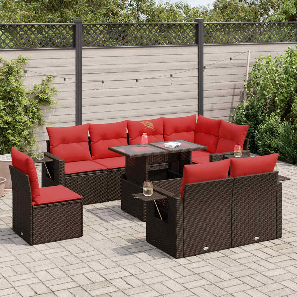 Salon de jardin avec coussins 9pcs marron résine tressée acacia