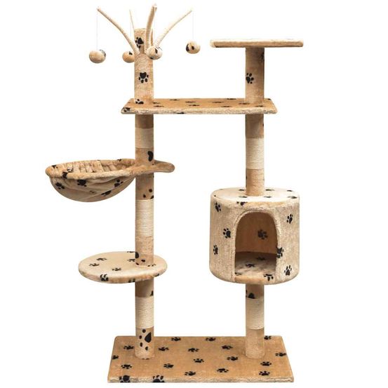 Arbre à chat 125 cm hamac et griffoir sisal motif pattes beige