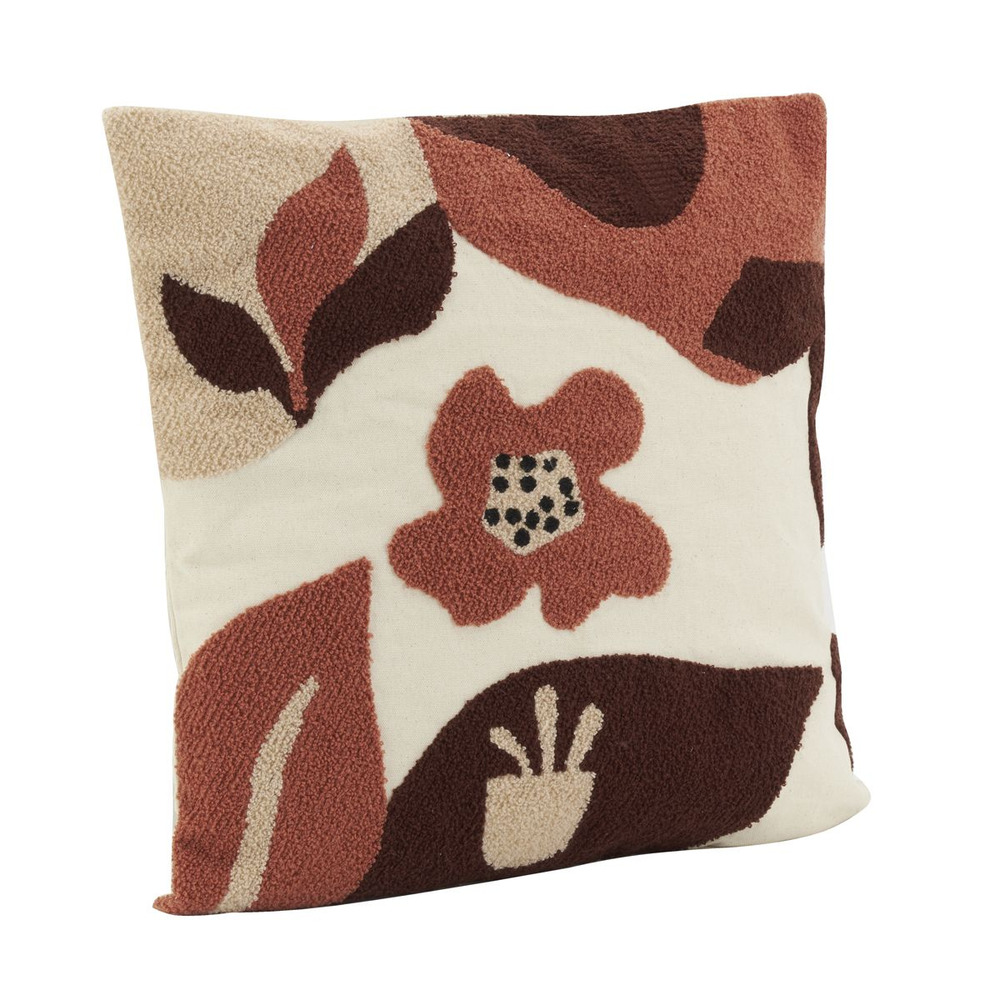 Coussin en coton brodé motifs floraux camaieu terracotta