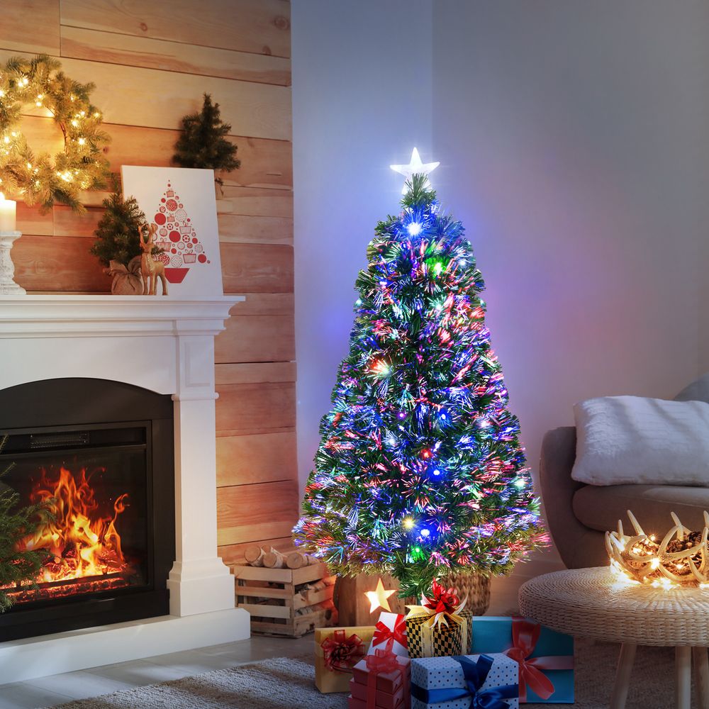 Sapin de noël artificiel lumineux 120 cm, fibre optique led multicolore, 130 branches, étoile sommet, support pied vert