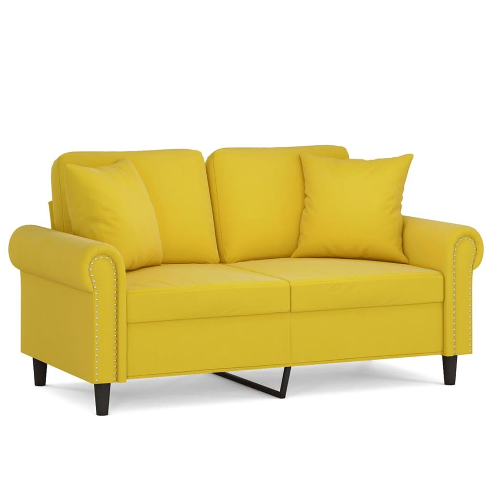 Canapé 2 places avec oreillers décoratifs jaune 120 cm velours