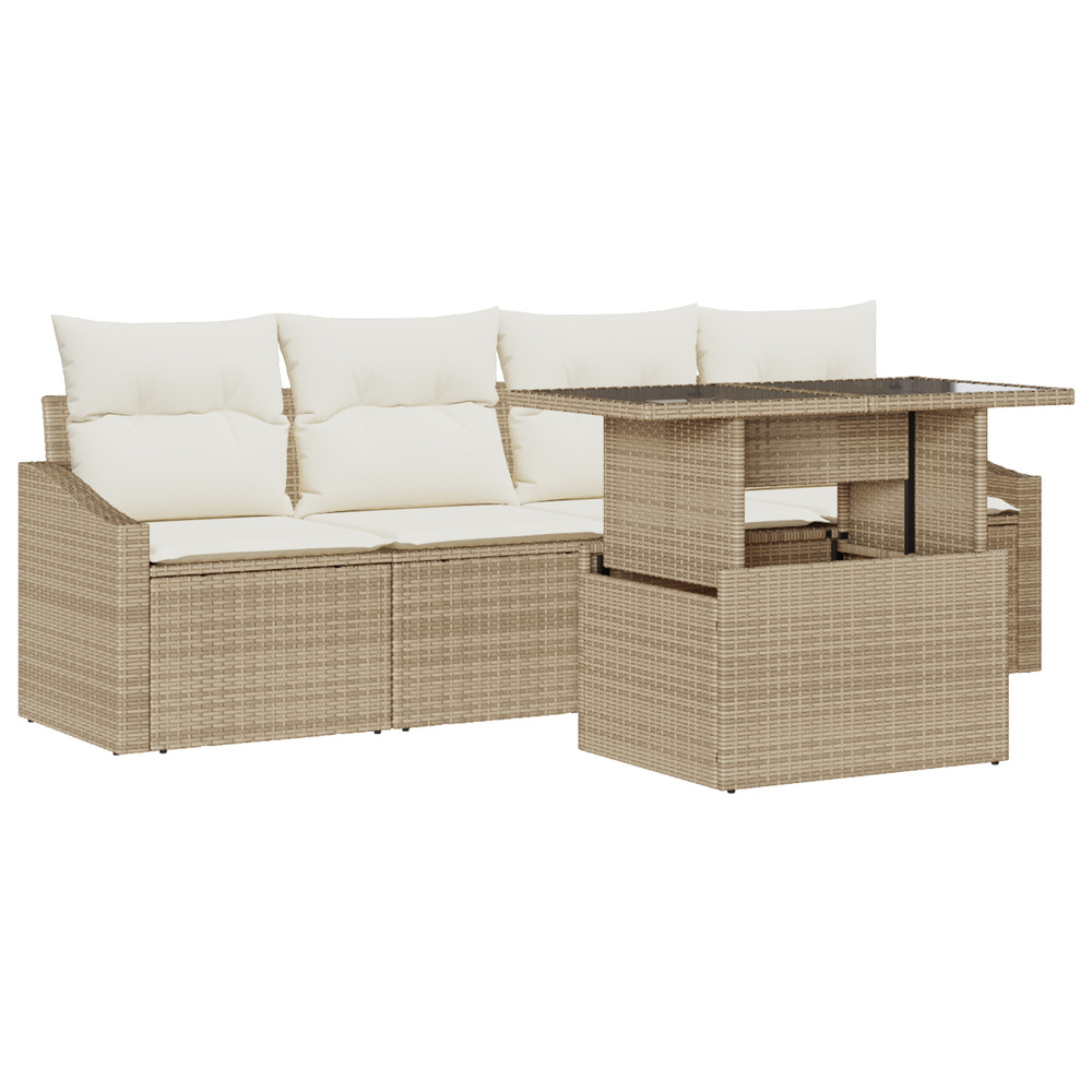 Ensemble de jardin 5 pièces avec coussins beige poly rattan