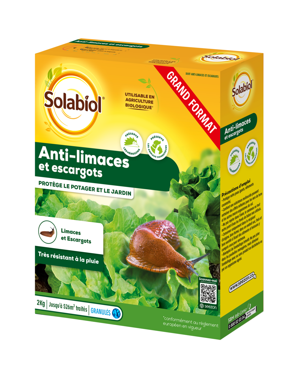 Solabiol anti-limaces & escargots - 2 kg - granulés - résistant à la pluie - prêt à l'emploi - utilisable en agriculture biologique