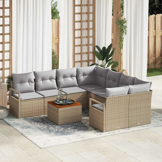 Ensemble de canapé de jardin avec coussin 9 pcs beige polyrotin