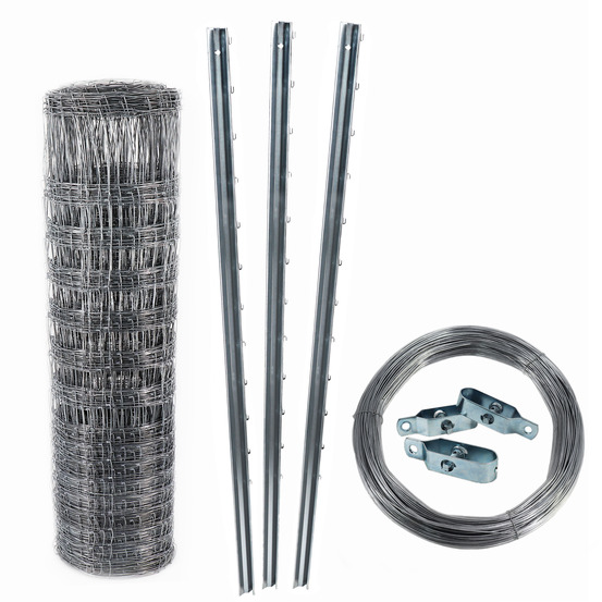 150 m clôture de protection , clôture forestière, grillage noué 100/8/15 + poteaux + fil de tension