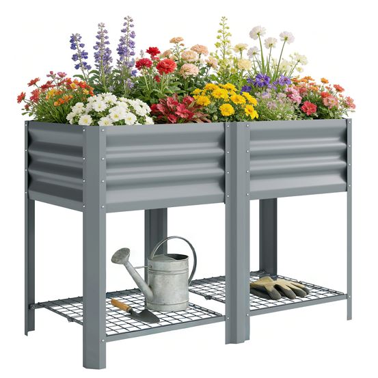 Potager surélevé acier galvanisé 120x55x80 cm gris terrasse jardinage avec étagère