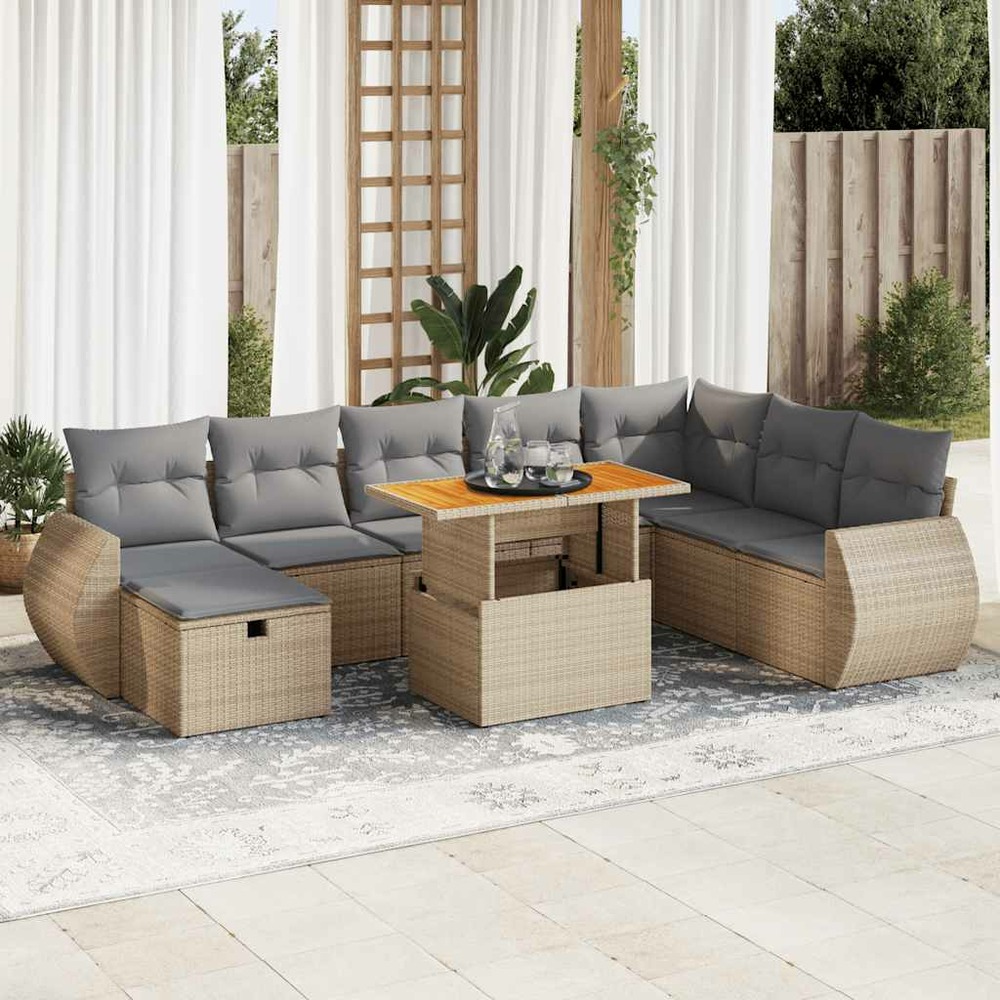 Salon de jardin avec coussins 9 pcs beige résine tressée acacia