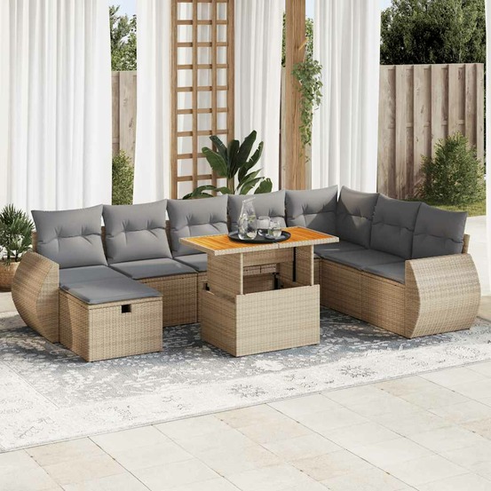 Salon de jardin avec coussins 9 pcs beige résine tressée acacia