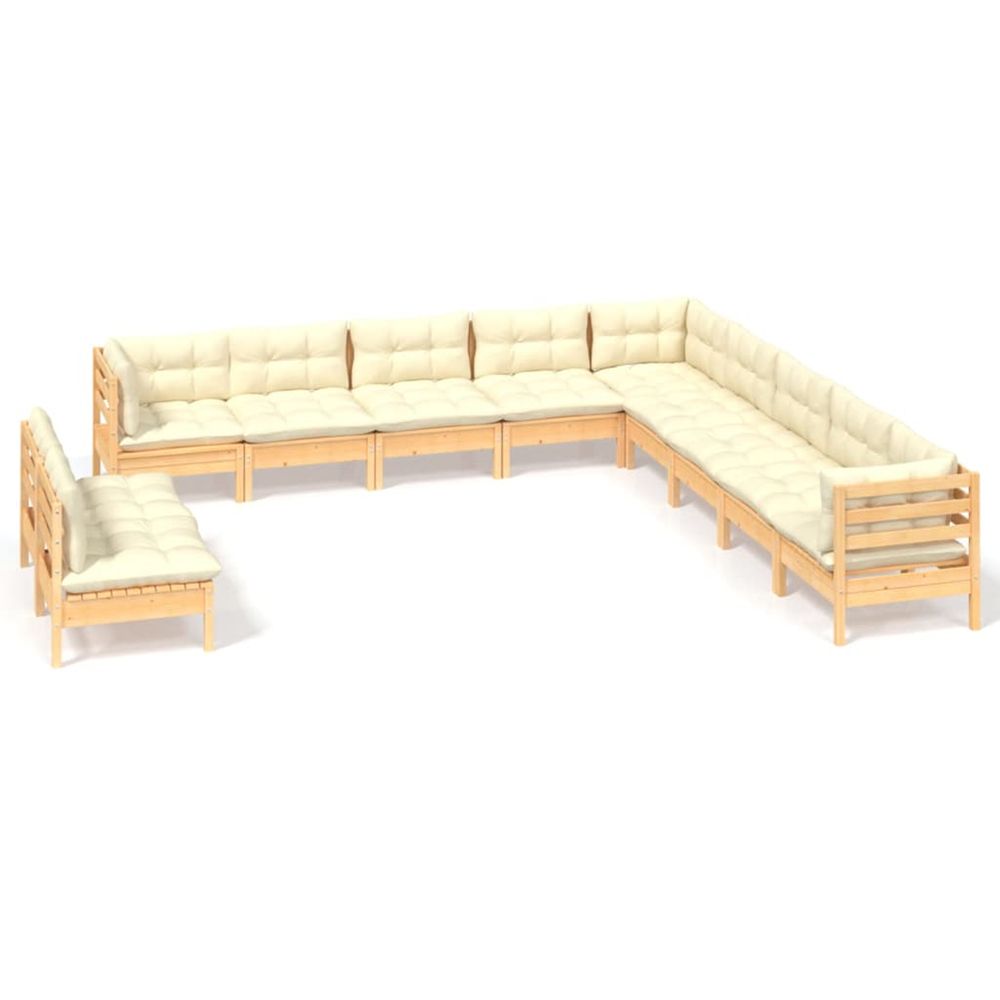 Salon de jardin 11 pcs avec coussins crème bois de pin solide