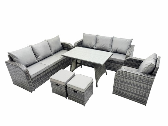 Ensemble de canapés en rotin salon de jardin avec table à manger rectangulaire chaise inclinable 2 petits tabourets gris foncé mixte