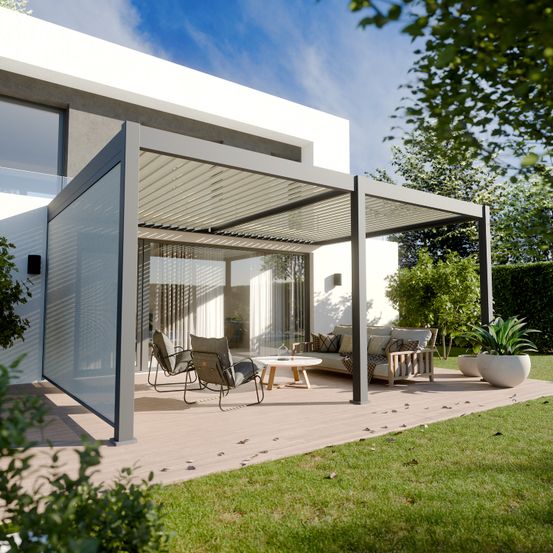 Pergola bioclimatique aluminium adossée 19m² - 3,6x5,3 - store latéral - anthracite - 34 lames inclinables 120 degrés - halo