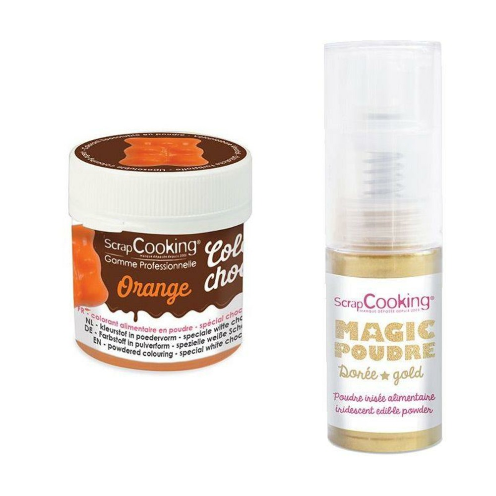 Colorant alimentaire liposoluble color'choco 5 g orange + poudre alimentaire irisée dorée