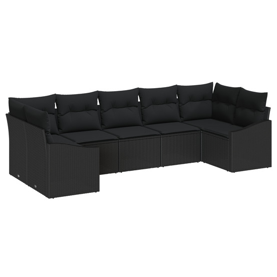 Set de canapé de jardin 7 pièces avec coussins noir poly rattan