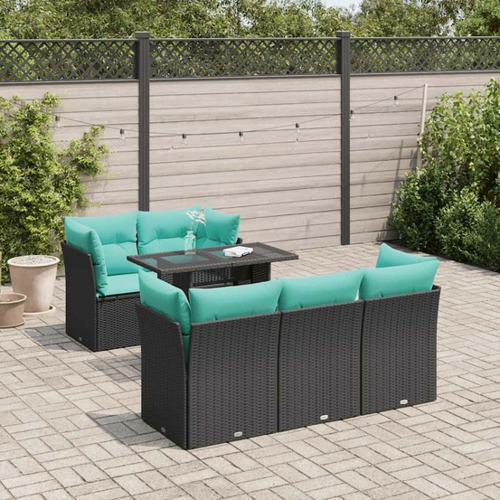 Salon de jardin 6 pcs avec coussins noir résine tressée acacia