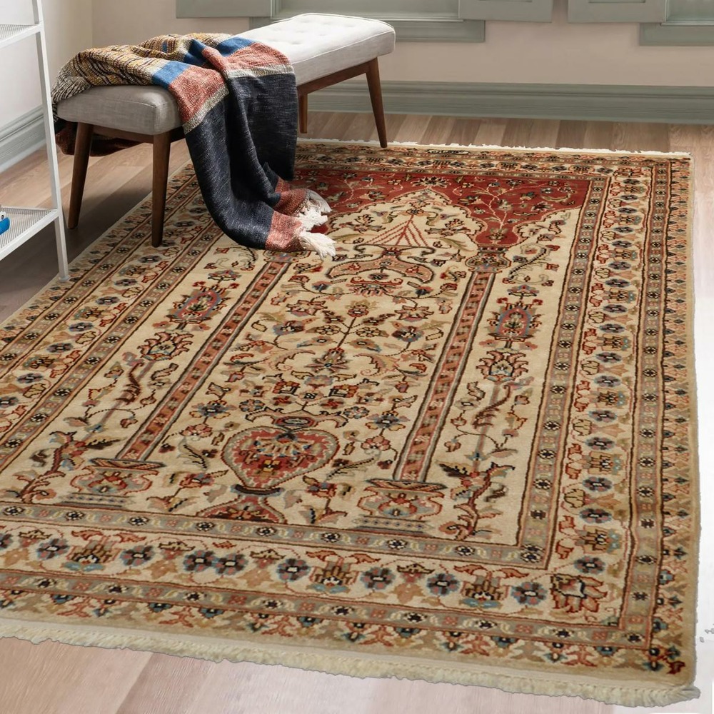 Authentique tapis d'orient 125x180 fait main en soie beige jihangir 55