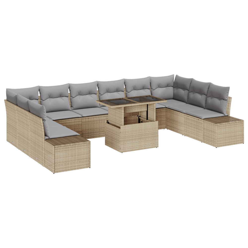 Ensemble de canapé de jardin 11 pièces avec coussins en poly rattan beige