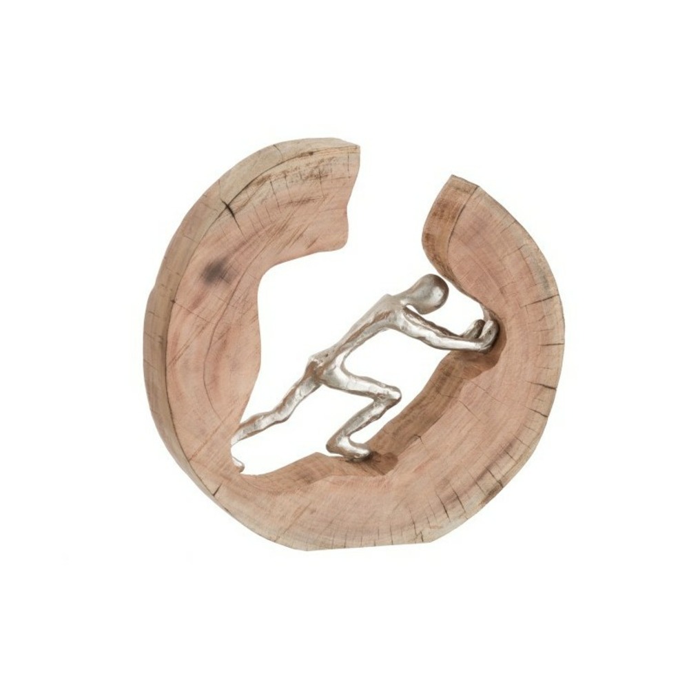 Personnage en aluminium qui pousse dan un cercle en bois