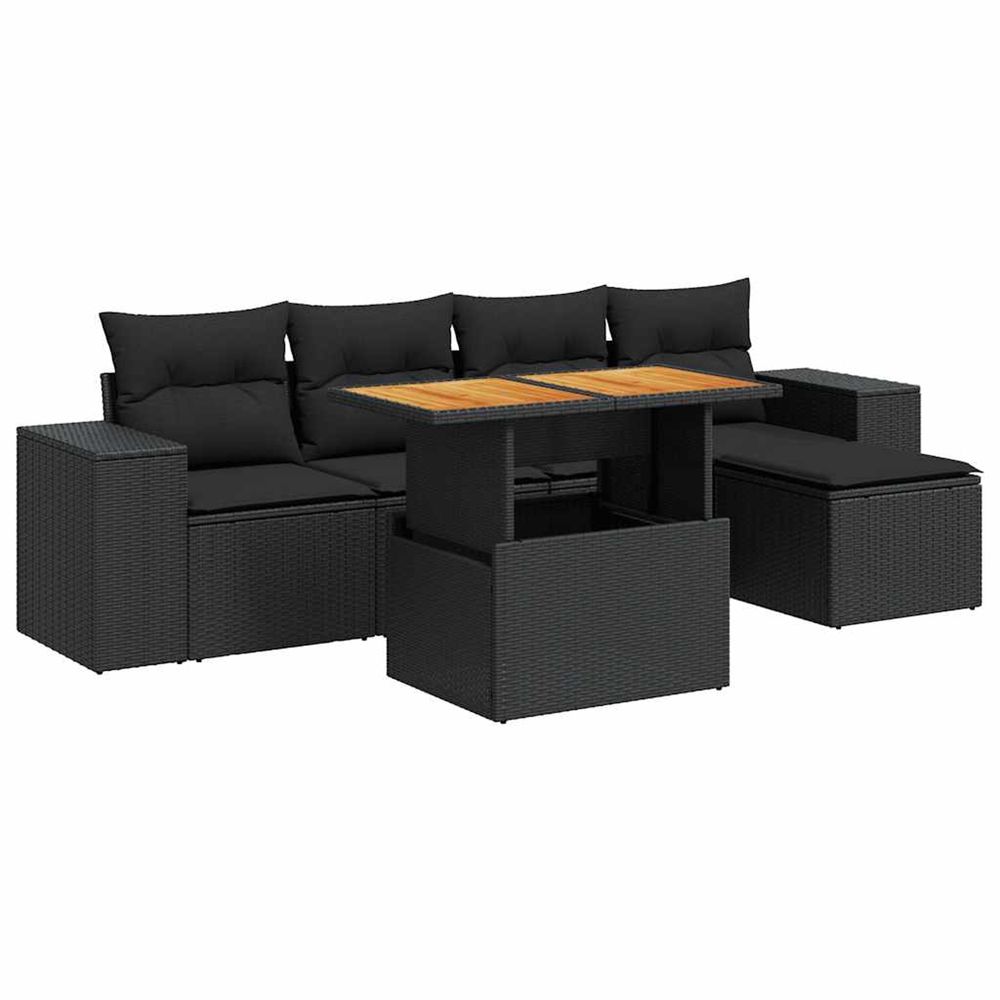 Salon de jardin 6 pcs avec coussins noir résine tressée