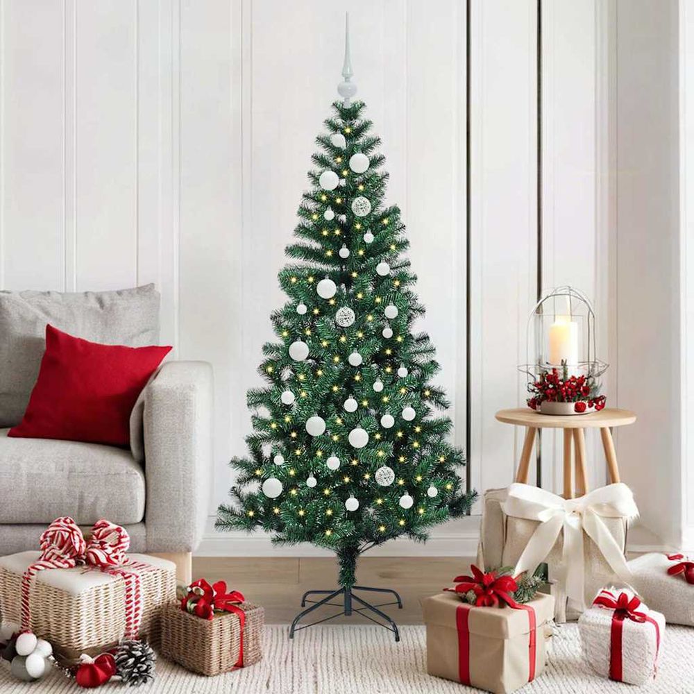 Sapin de noël artificiel vert 150cm, pack complet avec 150 lumières led et 61 boules rouges