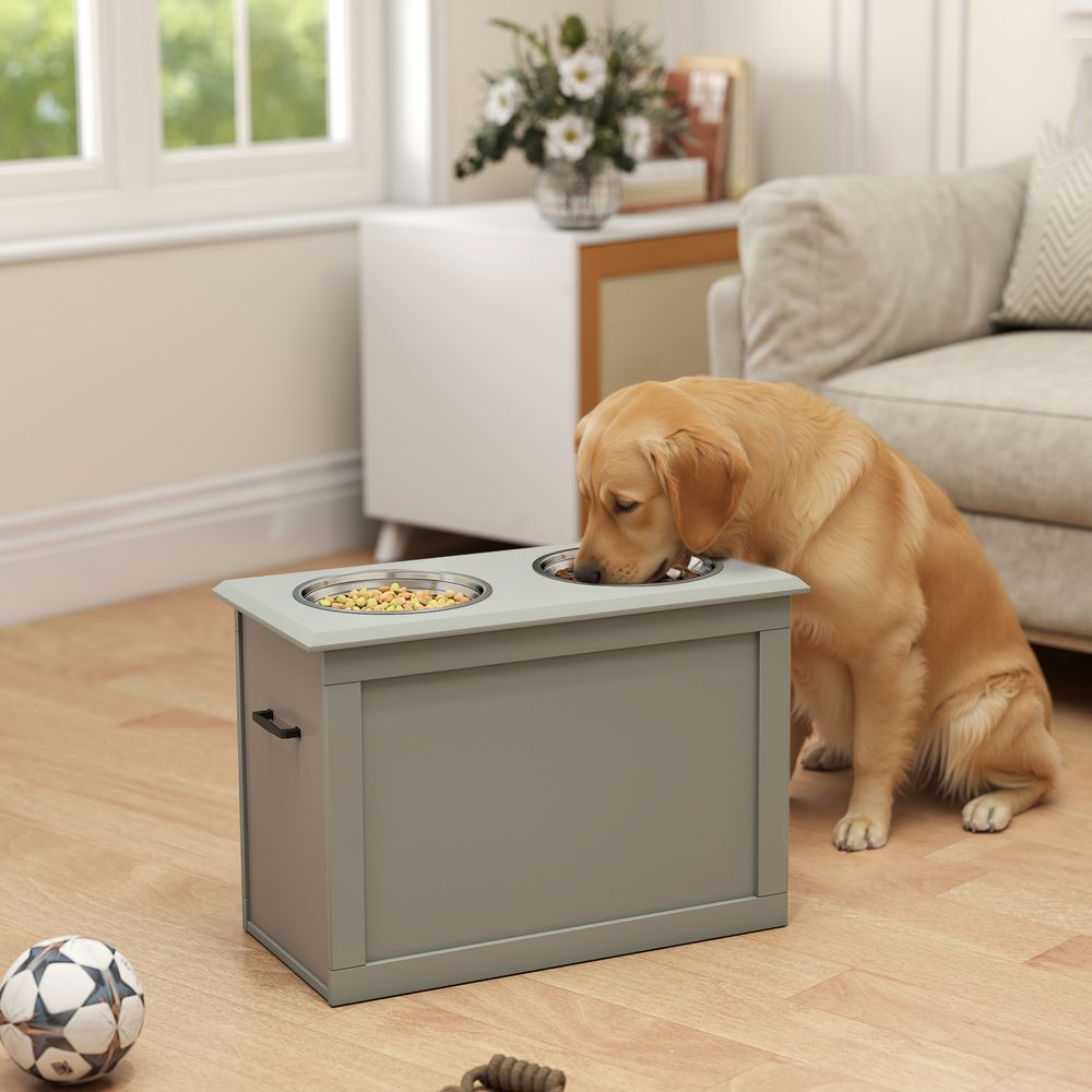 Station repas chien surélevée mdf gris 60 x 30 x 41 cm 2 gamelles inox amovibles avec rangement intégré