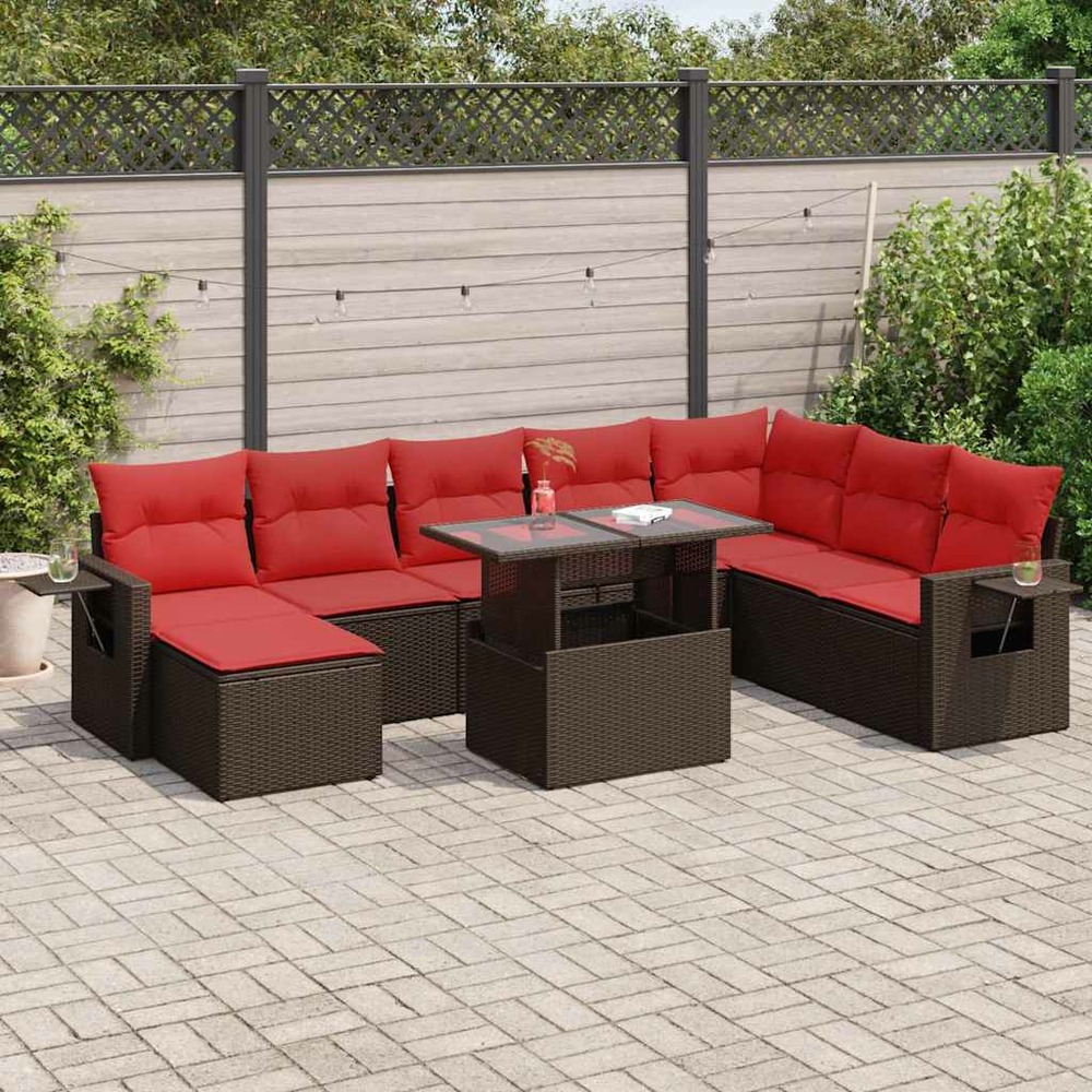 Salon de jardin avec coussins 9pcs marron résine tressée acacia