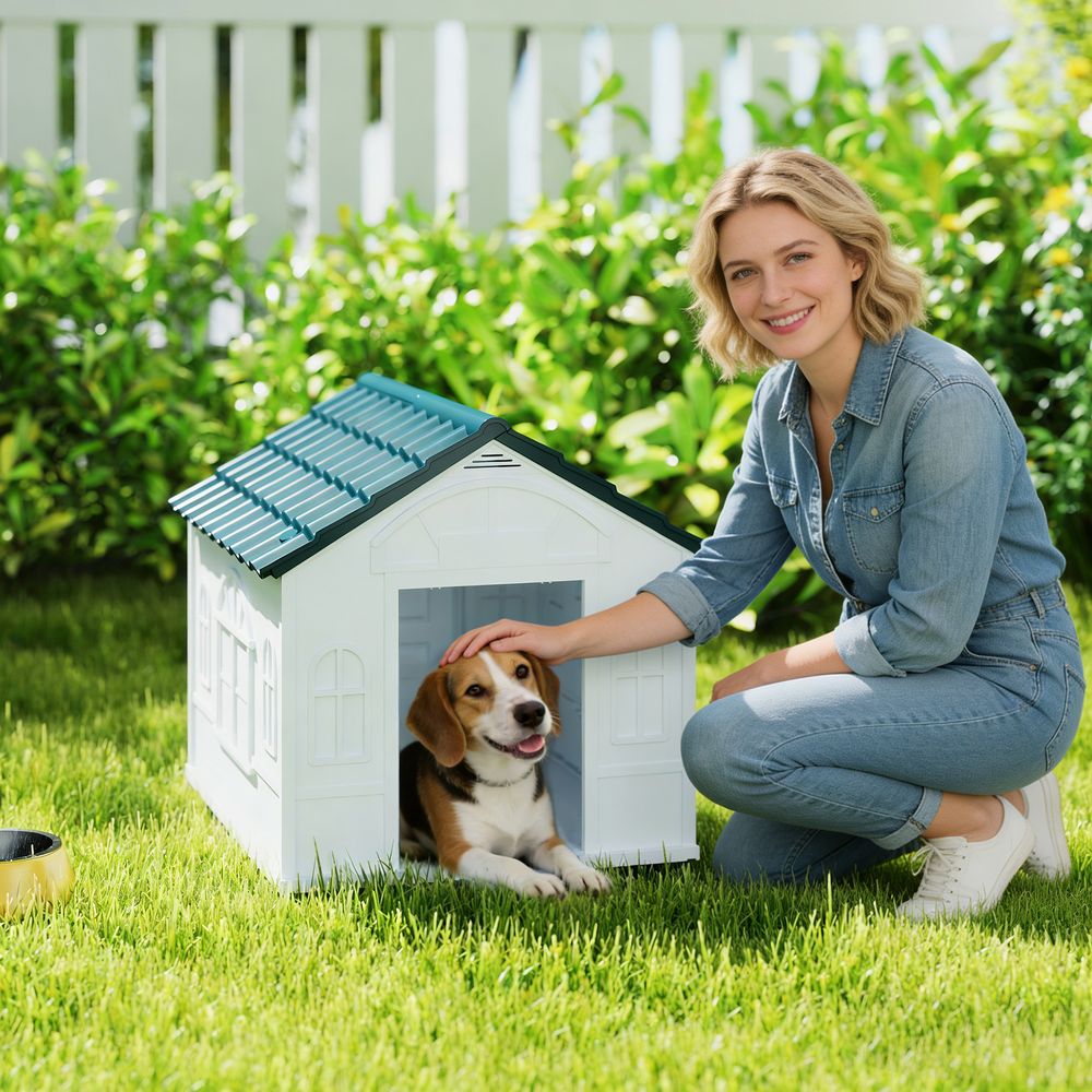 Niche pour chien en plastique 65 x 75,7 x 63 cm bleue pour jardin terrasse toit incliné ventilé résistant