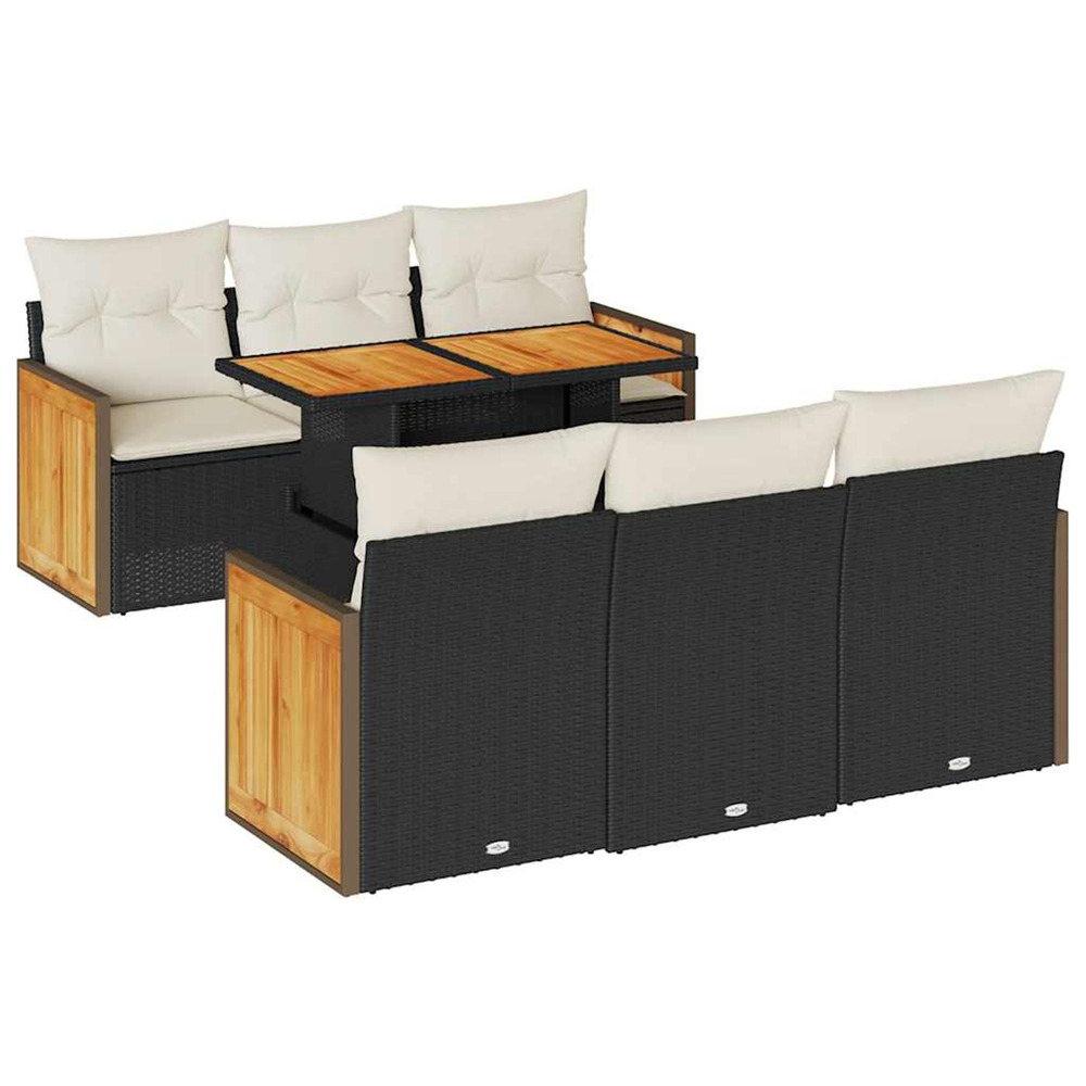 Salon de jardin avec coussins 7 pcs noir résine tressée acacia