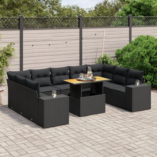Salon de jardin 10 pcs avec coussins noir résine tressée