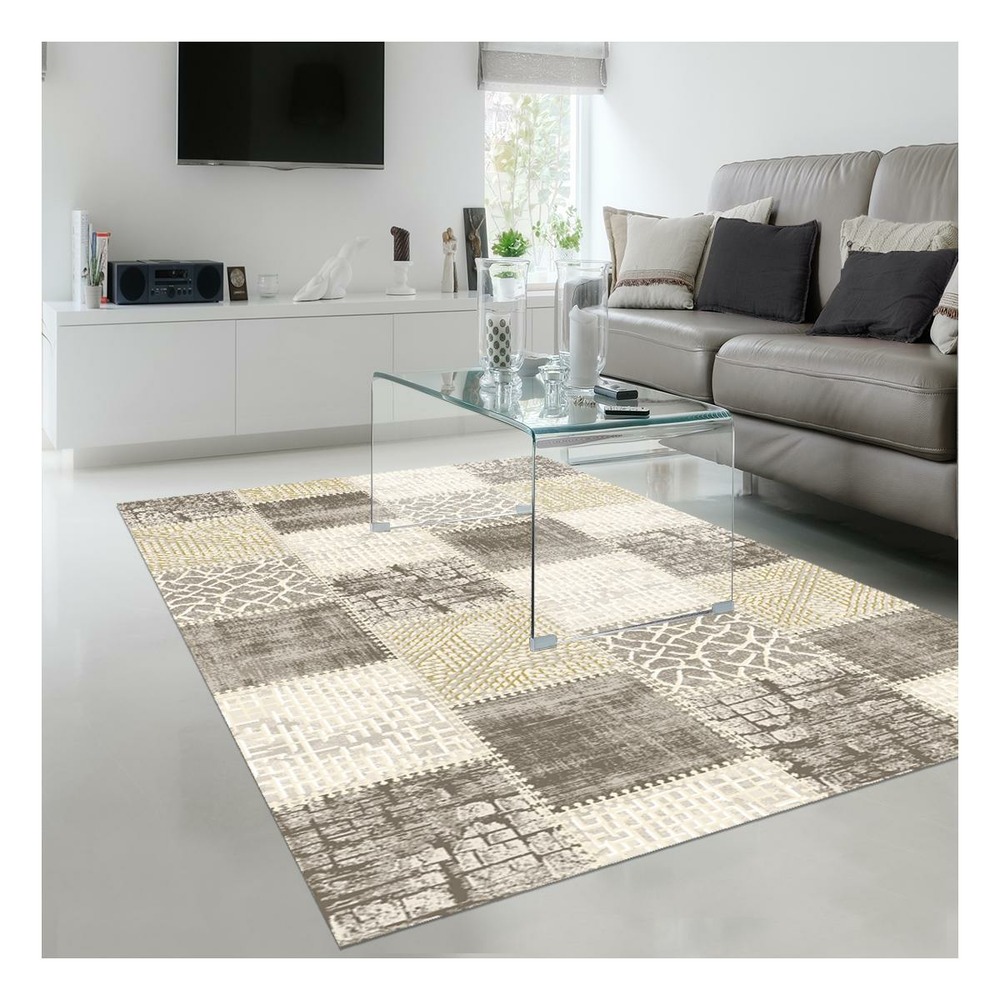 Tapis chambre 80x150 tissé marron et beige rectangle motif géométrique lyn7 silica