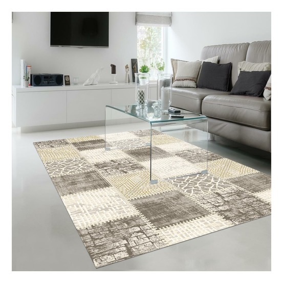 Tapis chambre 80x150 tissé marron et beige rectangle motif géométrique lyn7 silica