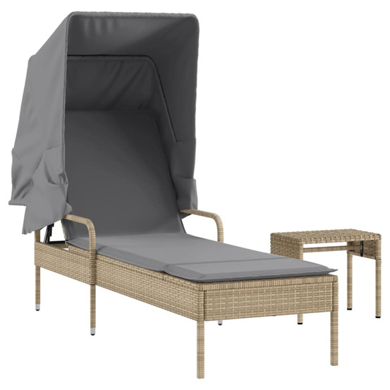 Chaise longue avec auvent et table beige résine tressée bain de soleil